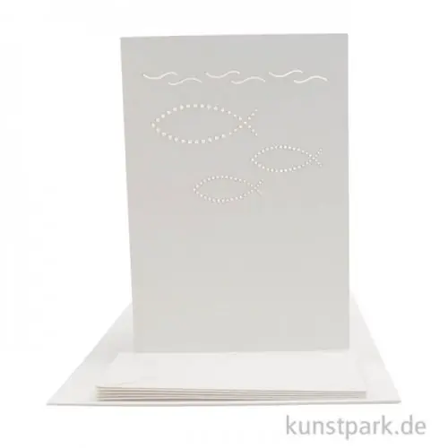 Neu Doppelkarten + Kuverts, 5er Set, Gelasert, Christliche Fische, Weiß