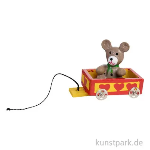Top-Qualität Miniatur Holzwagen mit Bär, 3,5 x 2 x 3 cm