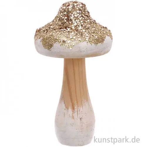 Solange Der Vorrat Reicht Großer Pilz aus Holz mit Gold-Glitter, Größe 7x14 cm
