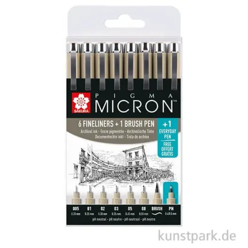 Sakura PIGMA Micron Set - 6 Fineliner + Brush Pen + PN, Schwarz Neue Ware