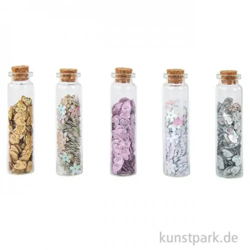 Neu Pailletten - Herzen und Blumen in Fläschchen, 5 Stück sortiert