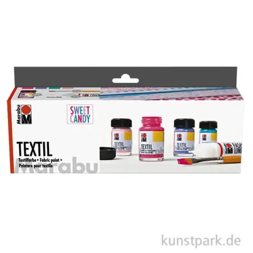 Mengenrabatt Marabu Textil Stoffmalfarben Set, Sweet Candy, 4 x 15 ml + Zubehör