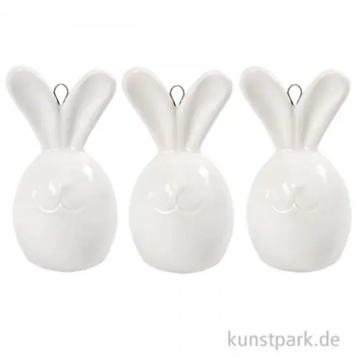 Hase aus weißer Keramik zum Hängen, Größe 6,7 x 3,6 cm, 3 Stück Exklusiv