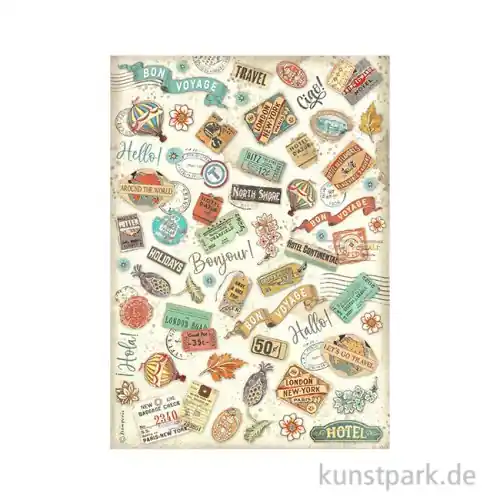 Günstig Stamperia Reispapier - Art of Travelling Labels, DIN A4