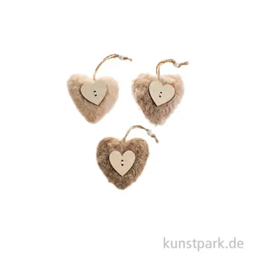 Plüschherzen mit Hänger, Natur, 3 Stück, 7,5 x 7,5 x 2 cm Versand Am Gleichen Tag