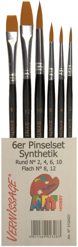 Pinselset 6 Stück Rund St. 2,4,6,10 & Flach St. 8,12 Synthetikhaar Versand Am Gleichen Tag