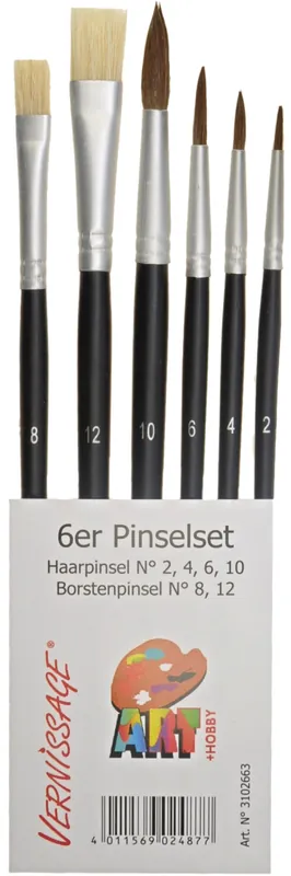 Pinselset 6 Stück Rund St. 2, 4, 6, 10 & Borstenpinsel St. 8,12 Markenprodukt