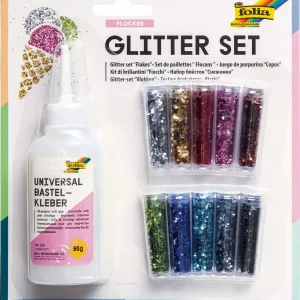 Sale Glitter-Set Flocken 10 Dosen sortiert,1 Deko-Kleber 90g