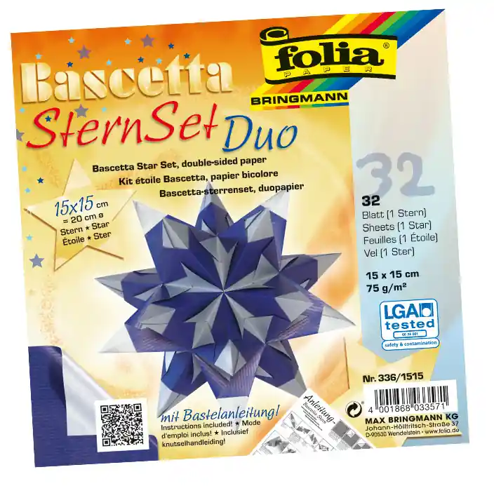 Neuheit Bascetta-Stern Bastelset Duo Papier blau/silber, 32 Blatt