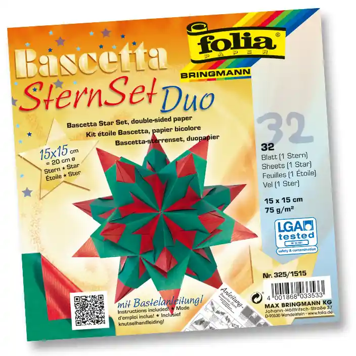 Bascetta-Stern Bastelset Duo Papier hochrot/grün, 32 Blatt Weltweiter Versand