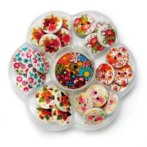 Knöpfemix, aus Holz, 32 Stück Bunt bedruckt Expressversand