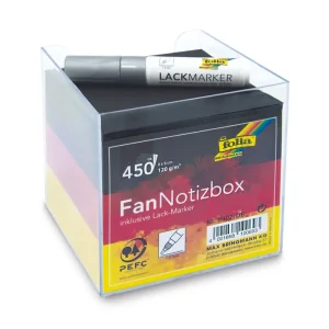 Angebot Fan Notizbox ca. 450 Blatt 120g/m² schwarz,rot,gelb inkl. Lack-Marker